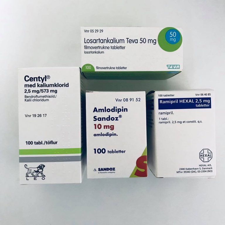 Assorted white medicine boxes on a light surface, labeled Losartan 50 mg, Amlodipin 10 mg, Ramipril 2.5 mg, and a calcium/potassium tablet pack (Centyl).
